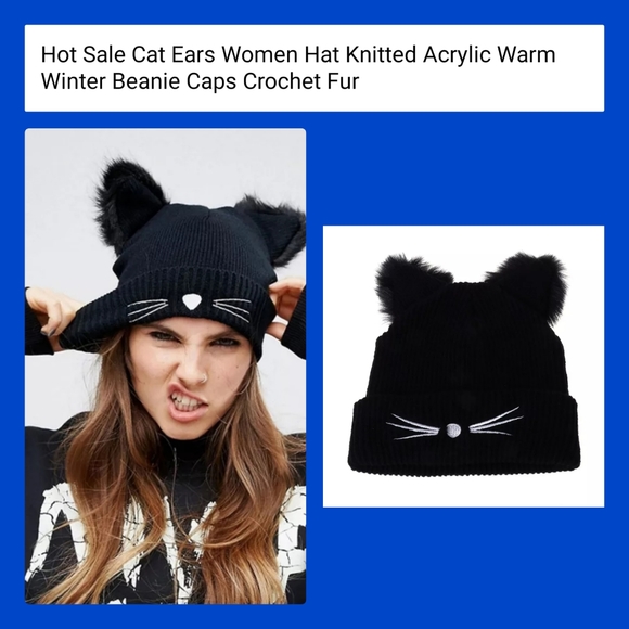 Accessories - 1-black beanie knit cap w embroidery cat face & faux fur accents on ears.